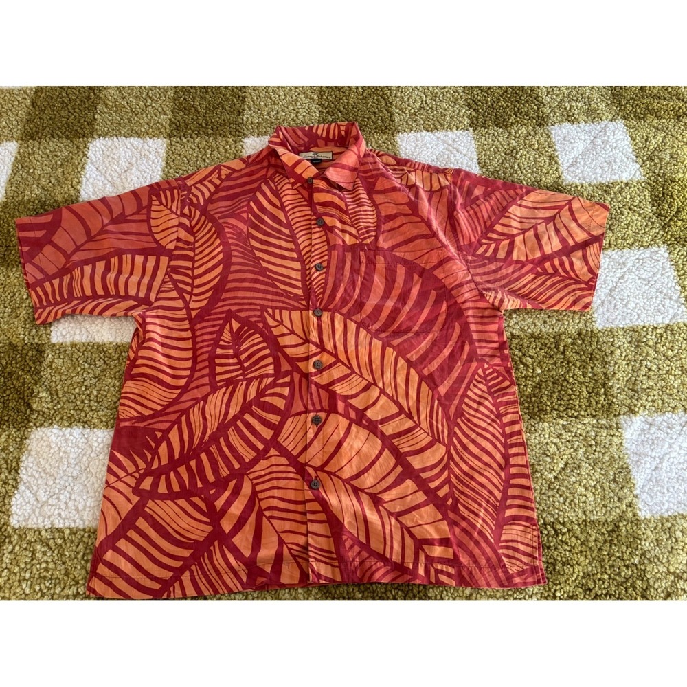 Tommy Bahama Mens Large Silk Camp Shirt Red Orange Tropical Leaf Print Button Up